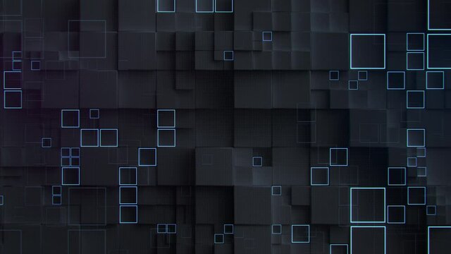 Black waving surface of cubes. Abstract cyberpunk background. Seamless loop 3D render animation