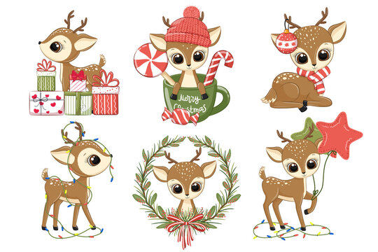 A set of cute reindeer for the New Year and for Christmas. Vector illustration of a cartoon.