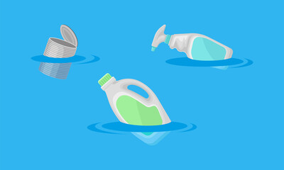 Water polluted with household waste. Garbage floating in sea or ocean water. Environmental protection concept vector illustration