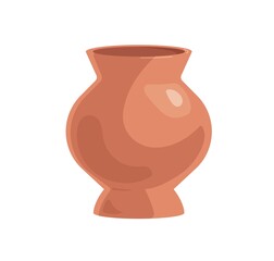 Earthen vase with wide neck. Brown clay vessel. Pottery object. Realistic empty pot. Decorative crock. Colored flat cartoon vector illustration of earthenware isolated on white background