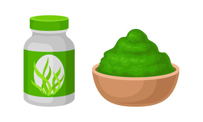 Spirulina dietary supplement. Powder of organic product in bowl and bottle vector illustration