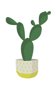 green cactus in a yellow pot isolated on a white background. Home flowers for a cozy interior and home. Prickly cactus in a flat style
