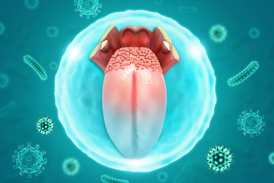 Strong and healthy human tongue are protected from viruses or bacteria. 3d illustration