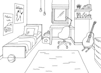 Teenager room graphic black white home interior sketch illustration vector