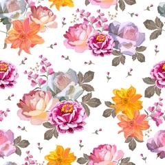 Behang Seamless romantic floral ornament with embroidered bouquets of roses, dahlias and bell flowers on a white background. Print for fabric. © Happy Dragon
