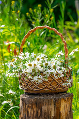 Fototapeta na wymiar A small wicker basket with daisies on an old wooden table against a background of natural greenery and blurred flowers