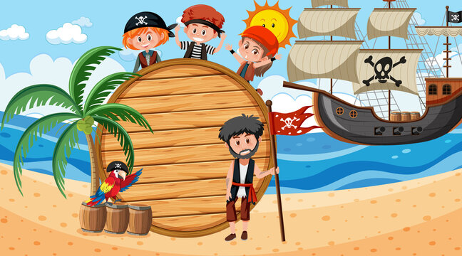 Empty banner template with pirate kids at the beach daytime scene