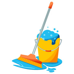 Mop and bucket, cleaning concept. Realistic mop and bucket full of soapy foam with colorful bubbles. Floor mopping concept for housework design. Washing housekeeping equipment sign © Iryna