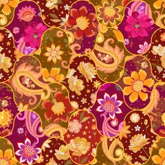 Seamless patchwork pattern of irregular patches decorated with flowers, leaves, paisley and embroidery. Luxurious print for fabric in oriental style.
