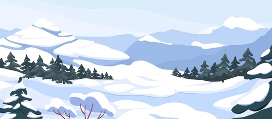Papier Peint photo Blanche Winter landscape with hills in snow, fir trees and sky. Panoramic snowy nature scene. Scenery with mountains in cold frosty weather. Snowscape panorama. Flat vector illustration of wintry background