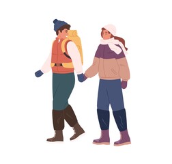Happy couple hiking in winter. Man and woman traveling with backpacks in cold weather. Hikers in warm clothes walking together, holding hands. Flat vector illustration isolated on white background