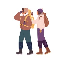 Couple hiking in winter. Man and woman traveling with backpacks in cold weather. Hikers in warm clothes walking together. Backpackers trekking. Flat vector illustration isolated on white background