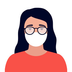 Eyeglasses foggy from wear medical mask. Woman with limited visibility from cloudy glasses. Vector illustration