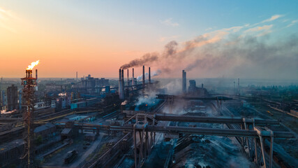 metallurgical plant heavy industry poor ecology top view smoke from chimneys smog