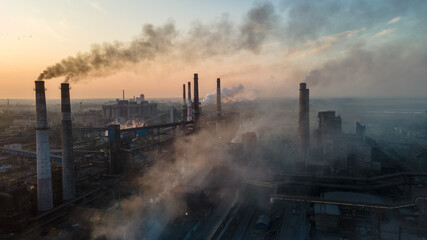 metallurgical plant heavy industry poor ecology top view smoke from chimneys smog - obrazy, fototapety, plakaty