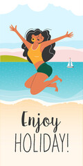 Summer mood. A bright summer illustration. A girl jumps on the beach.