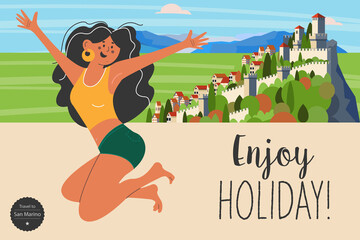 Travel on vacation. A trip to Europe. Vector illustration. Landscape of San Marino. - 451154579