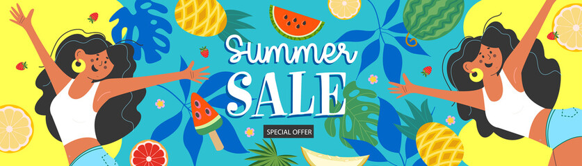Summer sale. Horizontal vector banner. Funny girls and exotic fruits and foliage. - 451154585