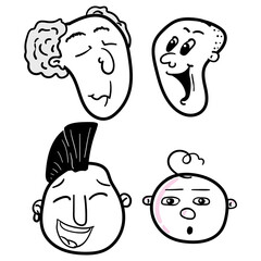 Hand drawn human faces doodle set. Collection of drawing sketches of young, old men, women ,boys girls facial expressions. Illustration different age generation.