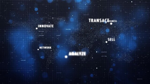 Digital world map with concept business word cloud animation background.