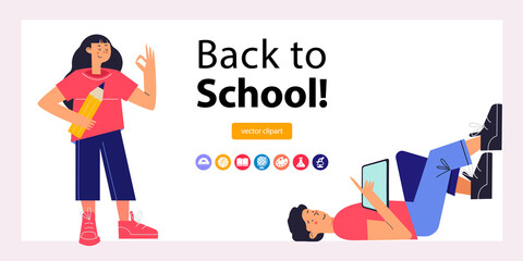 Back to school. Colorful vector illustration, banner. Clipart on the topic of education, school.