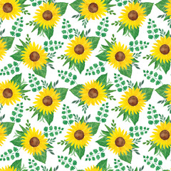 Yellow sunflowers and leaves floral arrangement seamless pattern, symbol of summer and harvest time period for textile, gift paper decor