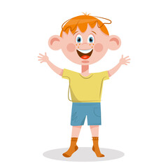 Handsome little boy in half growth. Smiling child. Redhead boy with freckles. Vector illustration.