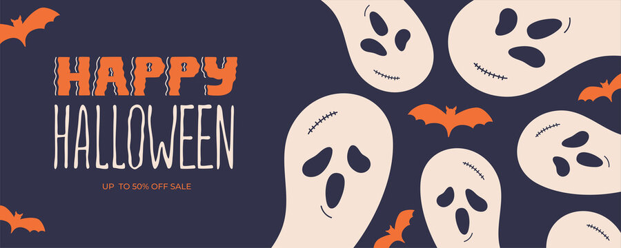 Happy halloween banner with creepy ghosts, and scary orange flying bats silhouette. Hand drawn lettering design template, promo sale flyer, special offer. Vector isolated illustration on background