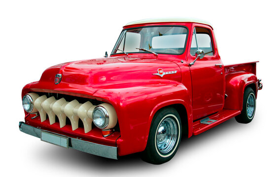 Classic american pickup truck Ford F100 1953. White background.