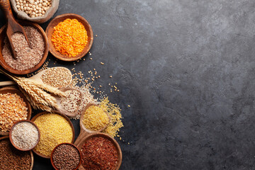 Gluten free cereals. Rice, buckwheat, corn groats, quinoa and millet