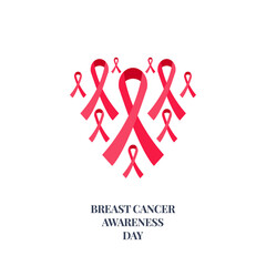 Breast cancer awareness poster with a heart made of pink ribbons on white background. Pin bows for support and solidarity concept. Woman health medical concept. Vector illustration..