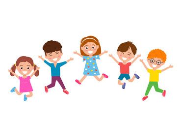 funny and happy kids with smiles jumping high and playing. concept of happy childhood and children's day.