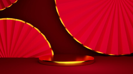 Golden podium mockup with red paper fans on background