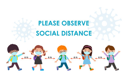 Fototapeta premium cute children in medical masks go back to school. the concept of quarantine and social distance during the COVID-19 epidemic.