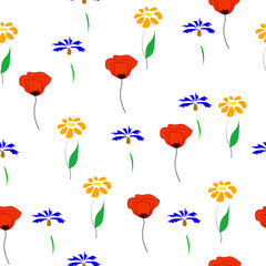 Seamless pattern with various wildflowers on white background. Simple small wild flowers girly print, vector eps 10