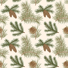 Botanical seamless pattern with fir and pine branches and cones. Vintage color.