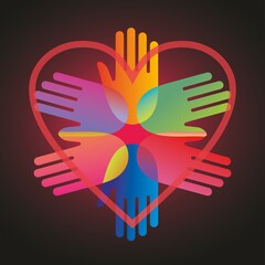 Symbolic design with colorful hands in overlay design. Transparent heart i first layer. Vector illustration. EPS10. Square design.