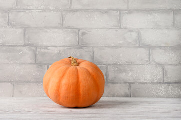 Autumn composition with pumpkin on grey brick background. Thanksgiving day concept. Front view, copy space