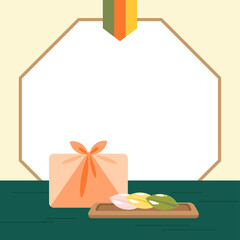 추석 배경. 송편과 추석 선물 포장이 놓여진 배경.