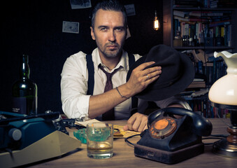 Retro private detective behind the desk, noir cinematic scene
