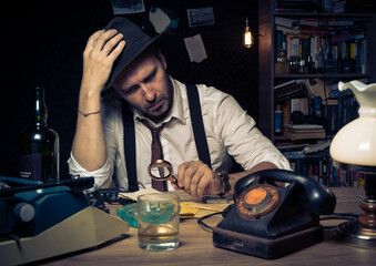 Retro private detective behind the desk, noir cinematic scene