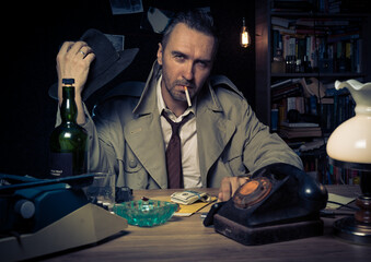 Retro private detective behind the desk, noir cinematic scene