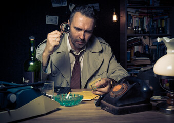 Retro private detective behind the desk, noir cinematic scene