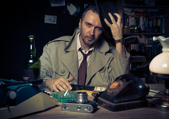 Retro private detective behind the desk, noir cinematic scene