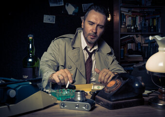 Retro private detective behind the desk, noir cinematic scene
