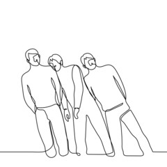 standing men fall on top of each other - one line drawing. the men bent over leaning their bodies on the falling man. collective fall, congestion or overstrain concept