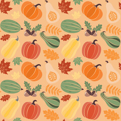 Autumn seamless pattern with cartoon pumpkins and oak, maple and rowan leaves and acorns. Traditional print for Thanksgiving day. Perfect for scrapbook, wrapping, fabric, web design. Flat vector