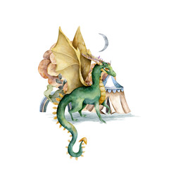 Fototapeta premium Cute green flying dragon Mythical gold dragon fairy Hand drawn watercolor nursery Isolated illustration on white background. Chinese symbol. Fantasy dragon