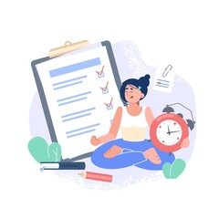 The concept of task and relaxation. The girl is sitting in a yoga pose. Checklist and calendar. Alarm clock and daily planner
