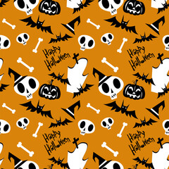 Vector funny halloween seamless pattern with pumpkin, ghost, spider web on orange background for fabrics, paper, textile, gift wrap